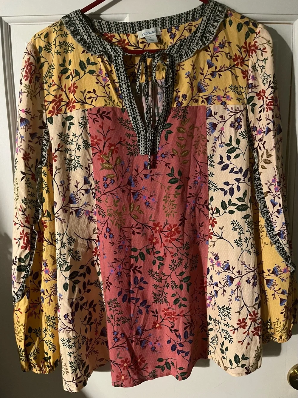 Sundance Patchwork Peasant Blouse W/Floral Print & Puff Sleeves Women’s Size L - Picture 1 of 8